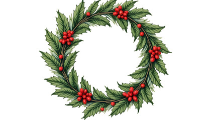 Hand-drawn illustration of a Christmas wreath with detailed leaves and berries.