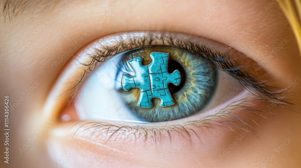 Poster puzzle piece reflected in eye symbolizing insight and understanding