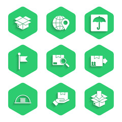 Set Search package, Delivery hand with boxes, Cardboard traffic symbol, Hangar, Location marker, Umbrella and Carton cardboard icon. Vector