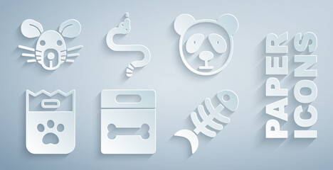 Set Dog bone, Cute panda face, Bag of food, Fish skeleton, Snake and Rat head icon. Vector © Vadim