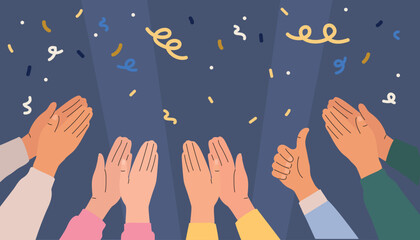 Illustration of hands clapping on a background with confetti. Crowd applause and congratulations on success. Vector illustration