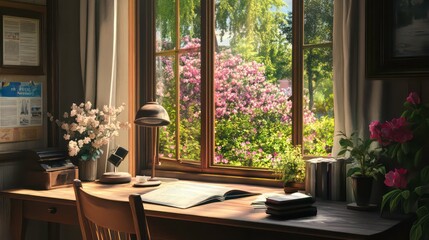 Fototapeta premium A cozy home office with a window view of a blooming garden, providing a calming outdoor atmosphere.