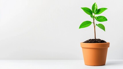 Young Sapling Growing in Terracotta Pot on Minimal White Background