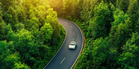 Top view of a white electric car driving dark green forest road