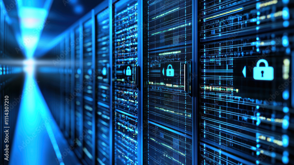 Poster Digital cloud storage servers with secure data protection features. image showcases futuristic data center with glowing blue lights and locked server panels, emphasizing security and technology