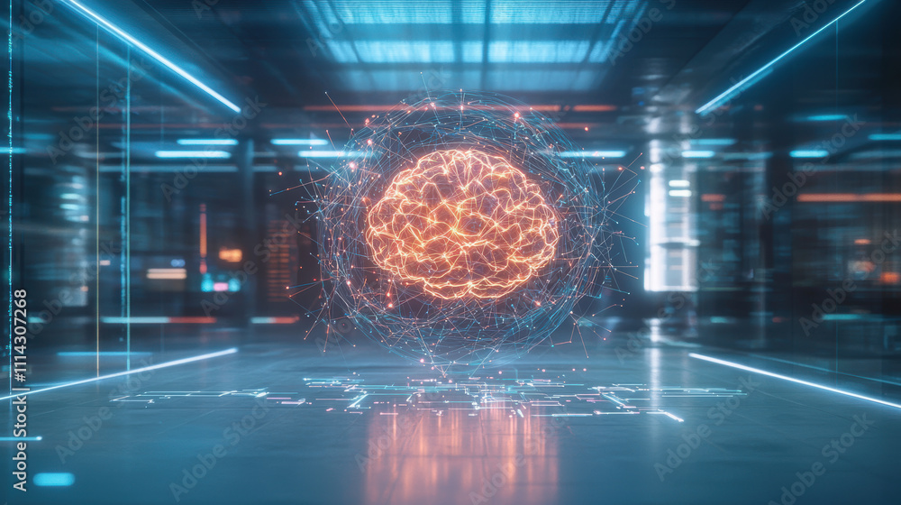 Poster futuristic digital brain with glowing connections in high tech environment, symbolizing advanced tec