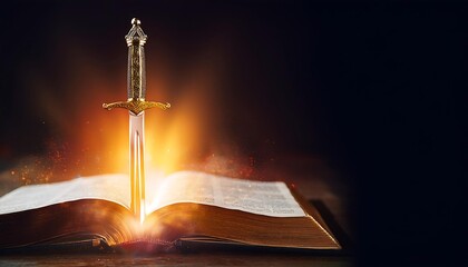 Sword of the spirit. Holy bible. For the word of God is living and active, sharper than any double-edged sword. Flaming sword of the spirit and the word of god concept art. With copy space