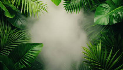 Obraz premium Lush green foliage surrounds misty area, creating serene atmosphere. vibrant leaves evoke sense of tranquility and connection to nature