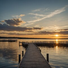 Obraz premium A white pier extending into a calm lake, with golden reflections from the setting sun.