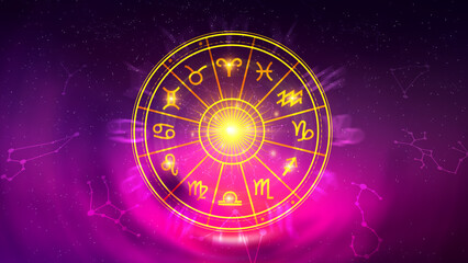 Concept of astrology and horoscope, person inside a zodiac sign wheel, Astrological zodiac signs inside of horoscope circle, Astrology, knowledge of stars in the sky, power of universe concept.