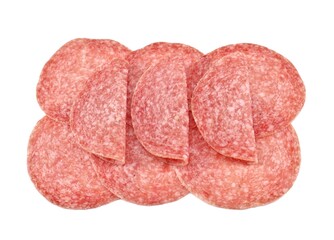 Slices of Winter salami on white background. It's a hungarian speciality made of pork and spices, cured and smoked.