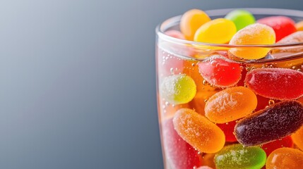 Colorful Jellybeans Concept, Colorful Jellybeans Floating in Clear Glass with Bubbles Against a Soft Gray Background