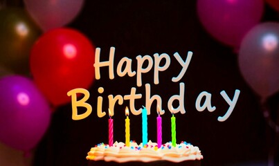 Birthday greeting background design. Happy birthday text with balloons, cake and candles for birth day celebration card.