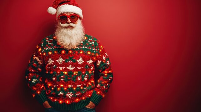 Ugly christmas sweater with lights, isolated on red background.santa, ugliest xmas sweater ever made. Tacky sweater with santa beard