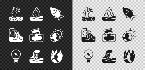 Set Withered tree, Iceberg, Dead fish, Light bulb with leaf, Tsunami, Global warming fire, Wastewater and Barrel oil leak icon. Vector