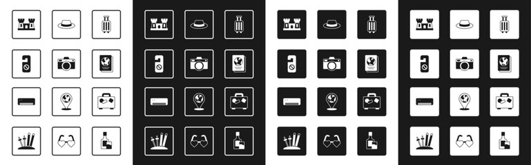 Set Suitcase, Photo camera, Please do not disturb, Sand castle, Passport, Man hat with ribbon, and Air conditioner icon. Vector