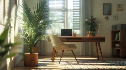 Obraz premium Sunlit home office with desk, chair, plants, and laptop.