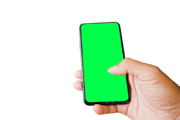 Hand Holding Green Screen Smartphone: A close-up of a hand holding a smartphone with a green screen, offering endless possibilities for creative and engaging content. Ideal for showcasing apps.