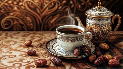 Traditional arabic coffee with dates . Ramadan decor with Arabian coffee set 