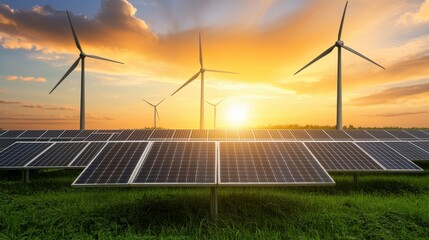 Environmental Consideration Concept. Renewable energy landscape with solar panels and wind turbines at sunset.