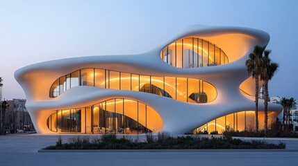 Modern Architectural Wonder at Dusk with Unique Fluid Shapes and Ambient Lighting Surrounded by Lush Greenery and Urban Landscape