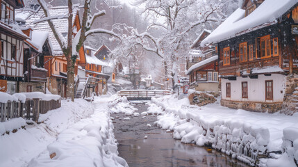 Fototapeta premium Enchanting winter village with snow-covered rooftops and a small river frozen over