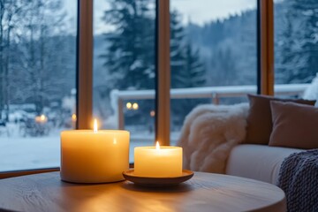 Naklejka premium A serene and modern living room adorned with flickering candles is creating a warm and inviting atmosphere that beautifully contrasts against a picturesque snowy backdrop outside the window