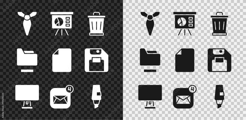 Aufkleber set tie, board with graph, trash can, computer monitor, envelope, marker pen, document folder and fi