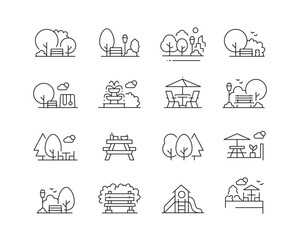 Parks and Green Space Icon collection containing 16 editable stroke icons. Perfect for logos, stats and infographics. Edit the thickness of the line in Adobe Illustrator (or any vector capable app).