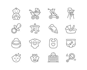 Baby and Childcare Icon collection containing 16 editable stroke icons. Perfect for logos, stats and infographics. Edit the thickness of the line in Adobe Illustrator (or any vector capable app).