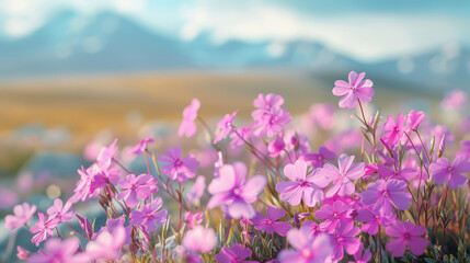 Obraz premium Vibrant Pink Wildflowers Blooming in a Scenic Mountain Landscape Under Soft Morning Light, Capturing Nature's Beauty and Serenity