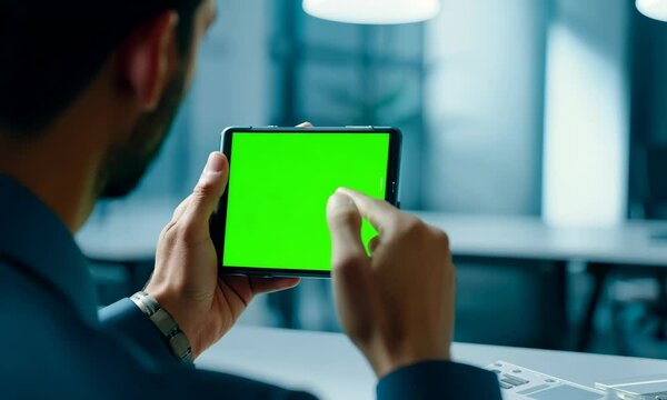 Smartphone user looking green screen display at office desk close up