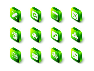 Set Gold nugget, Ground, Archeology, Volcano, Wrench spanner, Paint brush, Global planet with bulb and Soil ground layers icon. Vector