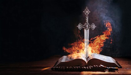 Sword of the spirit. Holy bible. For the word of God is living and active, sharper than any double-edged sword. Flaming sword of the spirit and the word of god concept art. With copy space