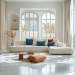 Fototapeta premium Minimalist interior design of modern living room blue and orange sofa