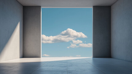 Minimalist architecture with open space framing a clear sky and clouds, enhancing a sense of tranquility and modern design.
