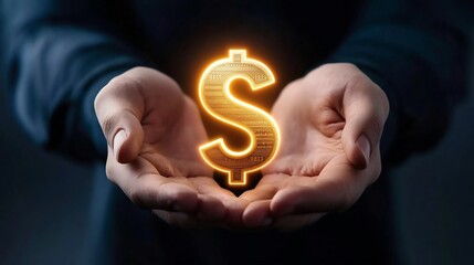 Hands Holding Glowing Dollar Sign Symbolizing Economic Success in Illuminating 3D