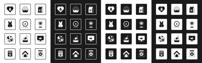 Set Bag of food for pet, Hamster wheel, Dog, Heart with dog, Location veterinary hospital, Pet carry case, Fish and World icon. Vector