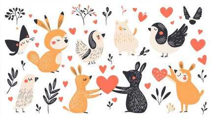 Playful cartoon animals exchanging hearts in a whimsical background for valentine's day love theme