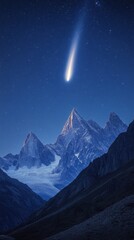 Comet streaks across the sky over rugged mountain peaks at twilight