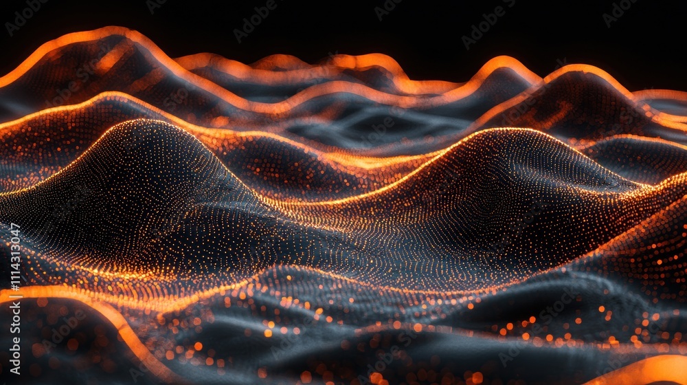 Poster abstract orange and black digital landscape: a mesmerizing visualization of data points forming undu