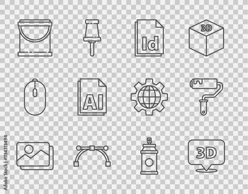 Poster set line picture landscape, speech bubble with text 3d, id file document, bezier curve, paint bucket