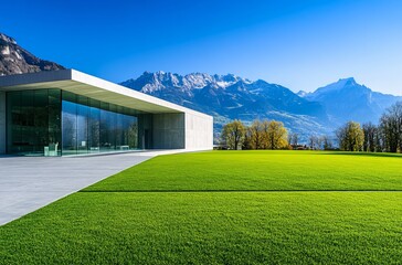 Modern villa with a green lawn and parking lot, set against a majestic mountain backdrop, blending contemporary architecture with nature for a luxurious and tranquil retreat.