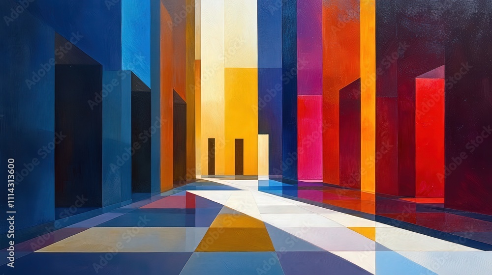 Poster abstract geometric composition with vibrant colors and dynamic shapes creating an illusion of depth 