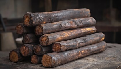A stack of fragrant sandalwood logs with a rustic background.