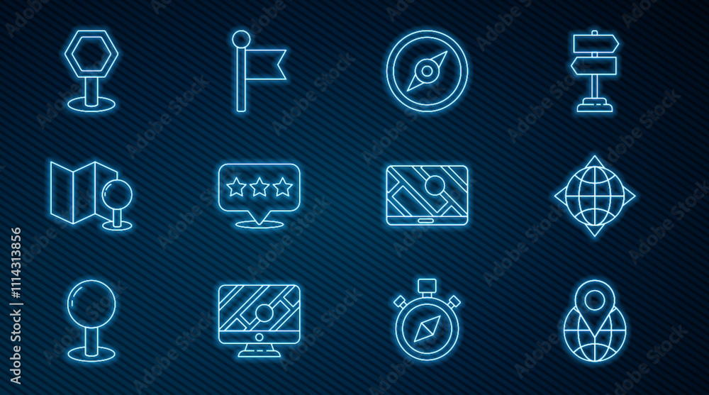 Poster set line location on the globe, world with compass, compass, map pointer star, folded map push pin, 