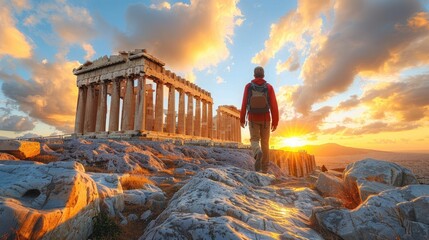 Obraz premium Sunset walk on the Acropolis with a view of the Parthenon in Athens, Greece