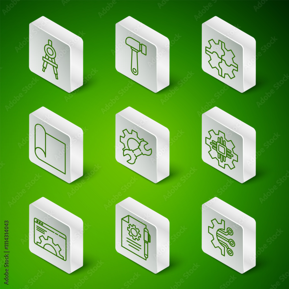Poster set line algorithm, document settings and pen, drawing compass, wrench spanner gear, graphing paper 
