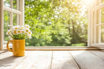 Sunny morning window scene with yellow cup of daisies and natural light © EvgeniiasArt