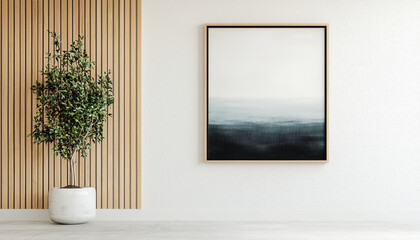Minimalist interior with potted plant and abstract art on a white wall, promoting serenity and modern design.